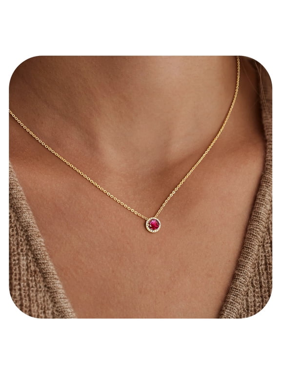 July Birthstone Necklaces for Women Trendy Dainty 14K Gold Plated Created Round Ruby CZ Birthstone Pendant Necklace Personalized Jewelry Birthday Gifts for Women Teen Girls