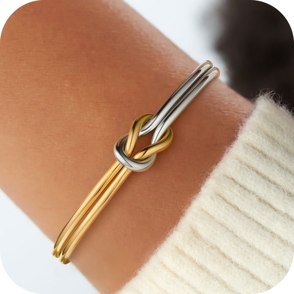 Turandoss Knot Bangle Bracelets for Women Dainty 18K Gold Plated Love Knot Bracelets for Women Trendy Personalized Open Bangle Bracelet Adjustable Two Tone Bracelet Simple Jewelry Gifts