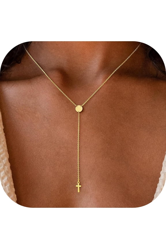 Lariat Gold Cross Necklace for WomenDainty 14K Gold Plated Y Shaped Cross Pendant Necklace Disc Charm Lariat Necklaces Drop Long Necklaces for Women Jewelry for Womens Gifts
