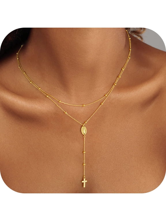 Lariat Gold Cross Necklace for WomenDainty 14K Gold Plated Y Shaped Cross Pendant Necklace Long Layered Necklaces for Women Beaded Lariat Necklaces Jewelry for Womens Gifts