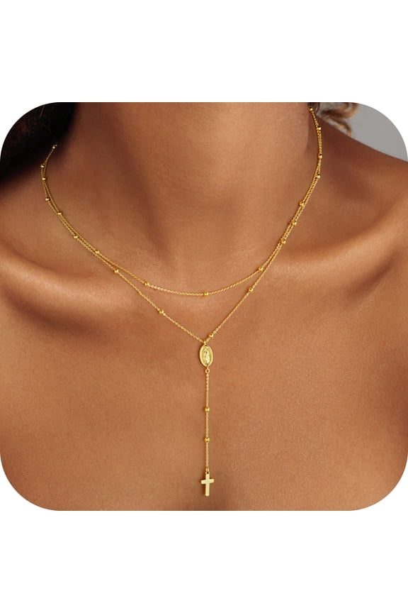 Lariat Gold Cross Necklace for WomenDainty 14K Gold Plated Y Shaped Cross Pendant Necklace Long Layered Necklaces for Women Beaded Lariat Necklaces Jewelry for Womens Gifts