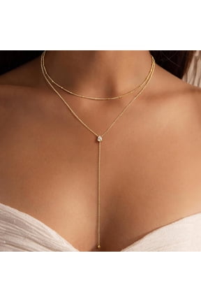 Lariat Necklace for Women Dainty 14K Gold Plated Y-Shaped Drop Layered Lariat Cubic Zirconia Jewelry Teacher Appreciation Mothers Day Graduation Gifts for Her Mom Kids Teen Girls Wife Ideas