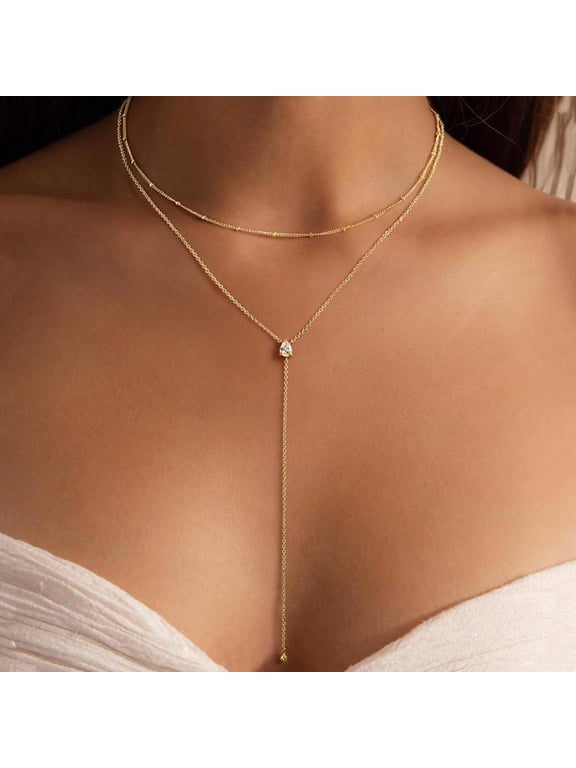 Lariat Necklace for Women Dainty 14K Gold Plated Y-Shaped Drop Layered Lariat Cubic Zirconia Jewelry Teacher Appreciation Mothers Day Graduation Gifts for Her Mom Kids Teen Girls Wife Ideas