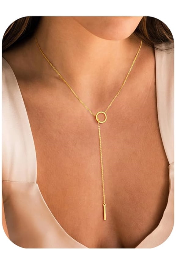 Lariat Necklace for Women Dainty Circle Bar Pendant Necklaces 14K Gold Plated Long Simple Y-Shaped Drop Chain Jewelry Trendy Gifts