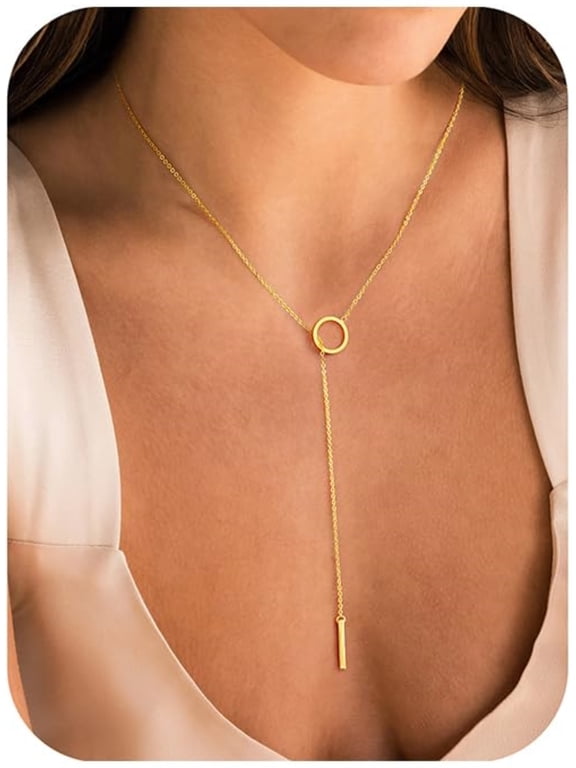 Lariat Necklace for Women Dainty Circle Bar Pendant Necklaces 14K Gold Plated Long Simple Y-Shaped Drop Chain Jewelry Trendy Gifts