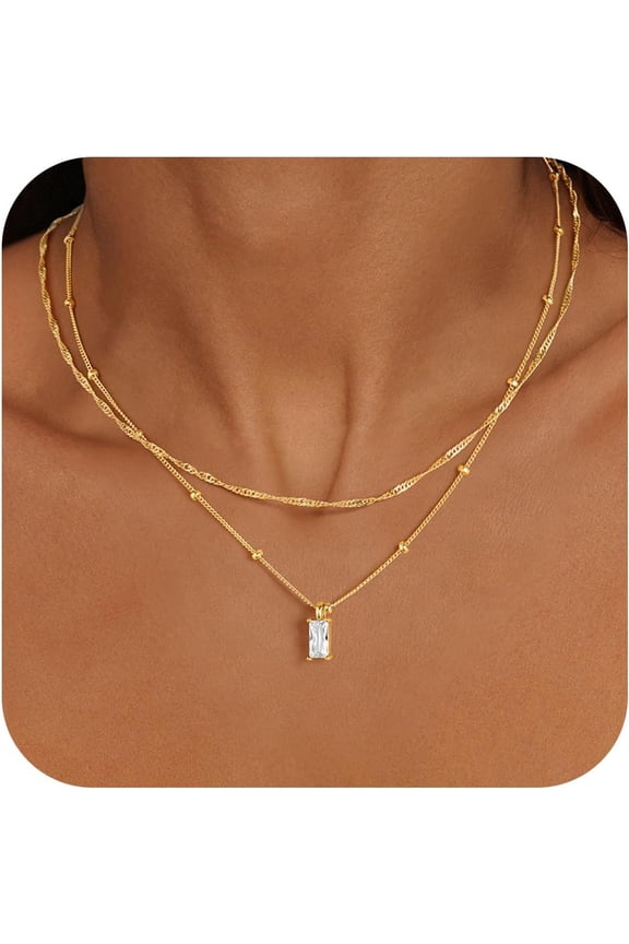Layered 14K Gold Plated CZ Pendant Necklace for Women Dainty Cubic Zirconia Pendants Layer Simple Satellite Chain Wave Choker Necklaces Set Stack Trendys Jewelry Gifts