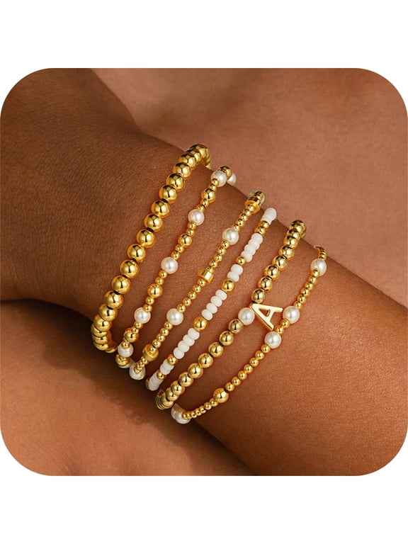 Layered Beaded Boho Handmade Pearl Initial Bracelet for Women Dainty Jewelry Set Bridesmaid Birthday Teacher Appreciation Mothers Day Graduation Gifts for Her Mom Kids Teen Girls Wife Ideas