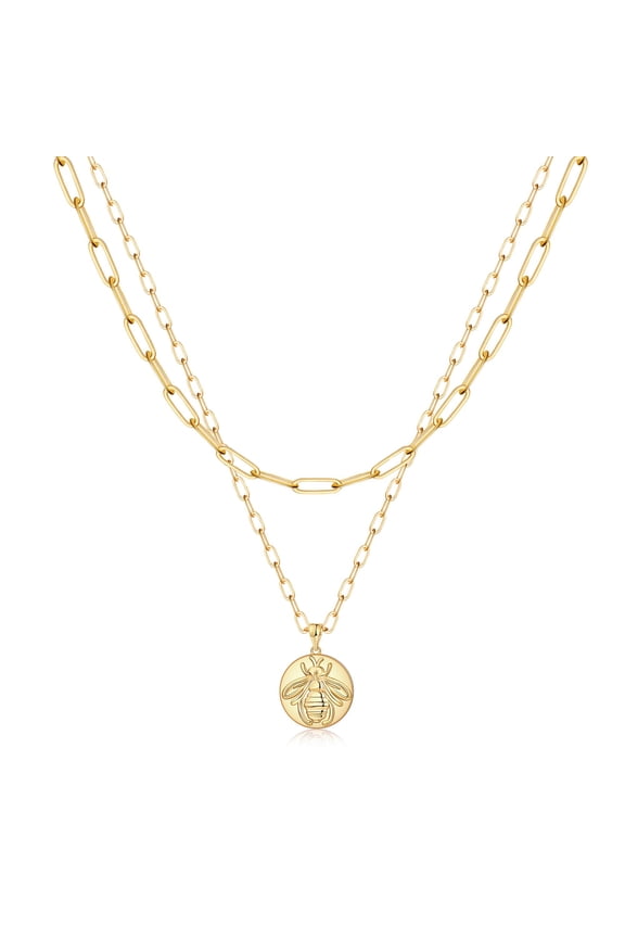 Layered Bee Necklaces for Women 14K Gold Plated Bee Coin Pendant Stack Necklace Paperclip Chain Chunky Necklace Bee Necklaces for Women Jewelry Set Easter Birthday Gifts