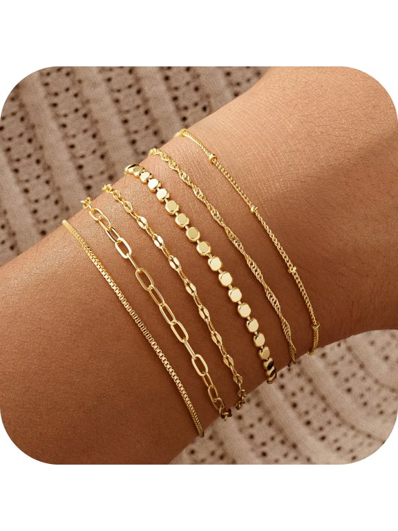 Layered Bracelets Set for Women 14K Gold Plated Dainty Stackable Bracelets Stack Satellite Rope Paperclip Box Chain Bracelet Set for Women Trendy Jewelry Gifts