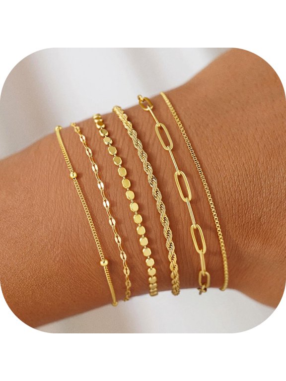 Layered Bracelets Set for Women, 14K Gold Plated Dainty Stackable Bracelets Stack Satellite Rope Paperclip Chain Bracelet Set for Women Minimalist Jewelry Gifts