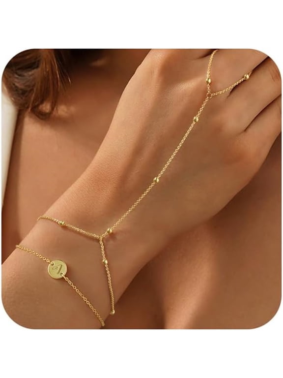 Layered Disc Initial Hand Chain Bracelet for Women Disc Letter Ring Link Chain Charm Jewelry Birthday Teacher Appreciation Mothers Day Graduation Gifts for Her Mom Teen Girls Wife Ideas