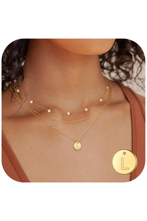 Layered Disc Necklaces for Women Silver L Initial Dainty Silver Letter Pendant Necklace Silver Pearl Personalized Trendy Jewelry for Women Teen Girls Her