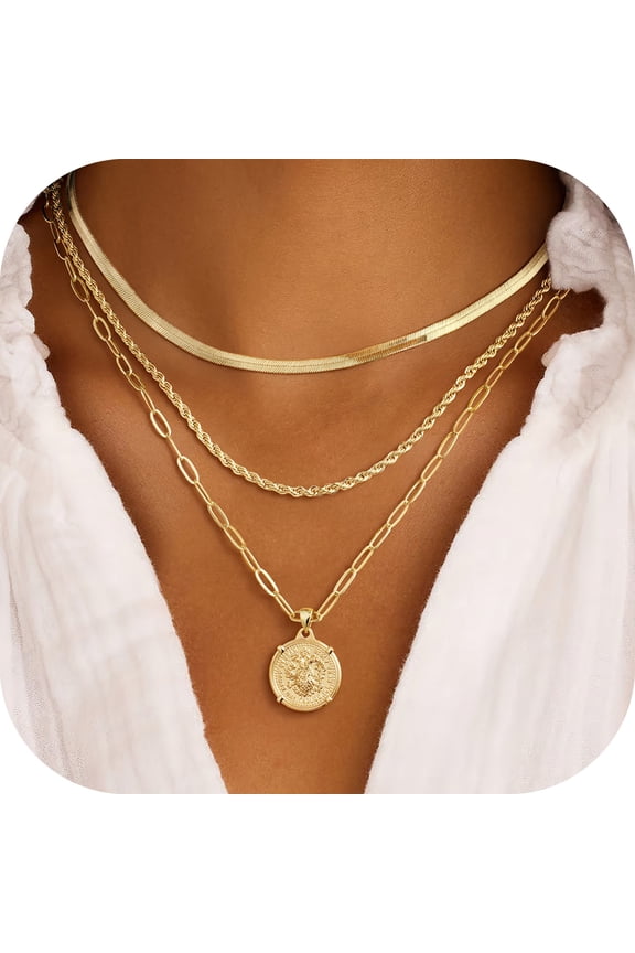 Layered Gold Necklaces for Women 14K Gold Plated Dainty Stackable Pendant Necklace Set Layering Snake Rope Chain Coin Pendant Necklace Trendy Women's Jewelry Gifts Set