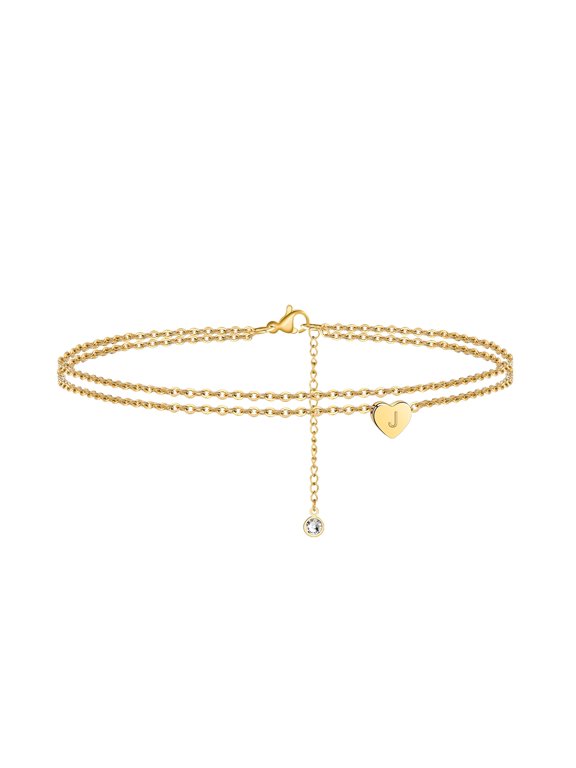 Layered Heart Initial Anklets for Women 14K Gold Plated Adjustable Chain Letter a-z Charm Ankle Bracelet Jewelry Birthday Gift for Women Girls