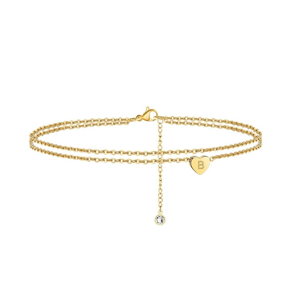Turandoss Layered Heart Initial Anklets for Women 14K Gold Plated Adjustable Chain Letter a-z Charm Ankle Bracelet Jewelry Birthday Gift for Women Girls