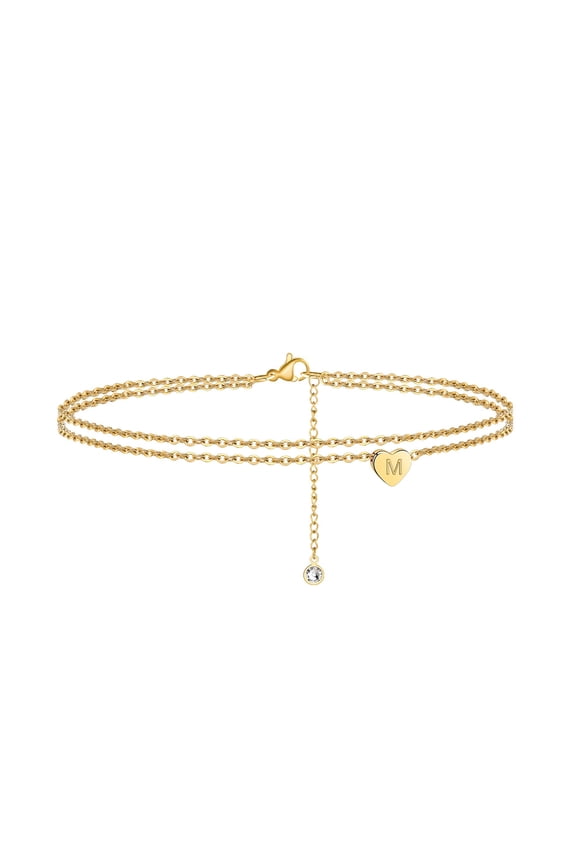 Layered Heart Initial Anklets for Women 14K Gold Plated Adjustable Chain Letter a-z Charm Ankle Bracelet Jewelry Birthday Gift for Women Girls