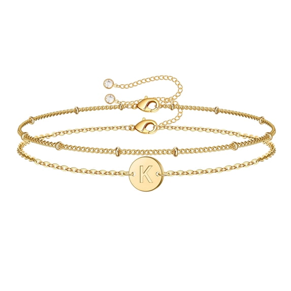 Turandoss Layered Initial Bracelets for Women Girls Dainty 14K Gold Plated Personalized Disc Charm Letter A-Z Fashion Jewelry Birthday Gifts for Women Her Girls Best Friend