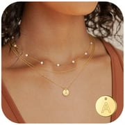 TURANDOSS Layered Initial Disc Pendant Necklaces for Women Jewelry Gifts - Dainty Layered Pearl Choker Silver Coin Letter A Initial Necklaces for Women Trendy Personalized Silver Jewelry Gift for Her
