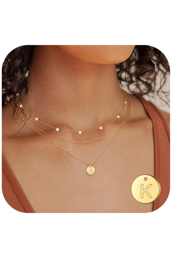 Layered Initial Disc Pendant Necklaces for Women Jjewelry Gift Dainty Layered Pearl Choker Silver Disc Letter K Initial Necklaces Trendy Personalized Trendy Jewelry Gift for Women Her