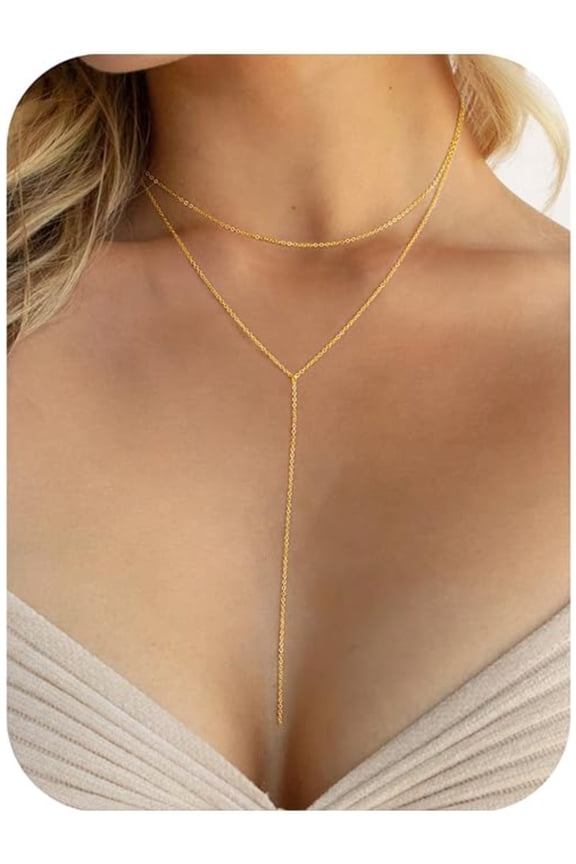 Layered Lariat Necklace for Women Dainty Y-Shaped Drop Chain Choker Necklaces 14K Gold Plated Long Simple Jewelry Trendy Gifts for Women