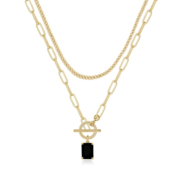 Turandoss Layered Necklaces for Women 14K Gold Plated Cuban Link Chain Choker Necklaces Toggle Necklace Dainty Black Crystal Square Pendant Necklace Boho Style Jewelry Birthday Gifts for Women
