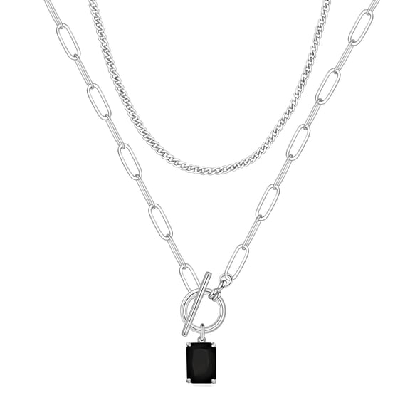 Turandoss Layered Necklaces for Women 14K White Gold Plated Layering Cuban Link Chain Choker Toggle Dainty Black Rectangle Necklace Boho Jewelry Silver Layered Necklaces for Women Her