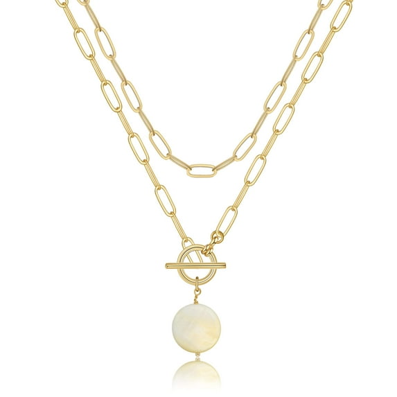 Turandoss Layered Pearl Necklace for Women 14K Gold Plated Layering Pearl Ot Necklace Choker Paperclip Link Chain Medallion Layered Gold Necklaces for Women Boho Gold Jewelry