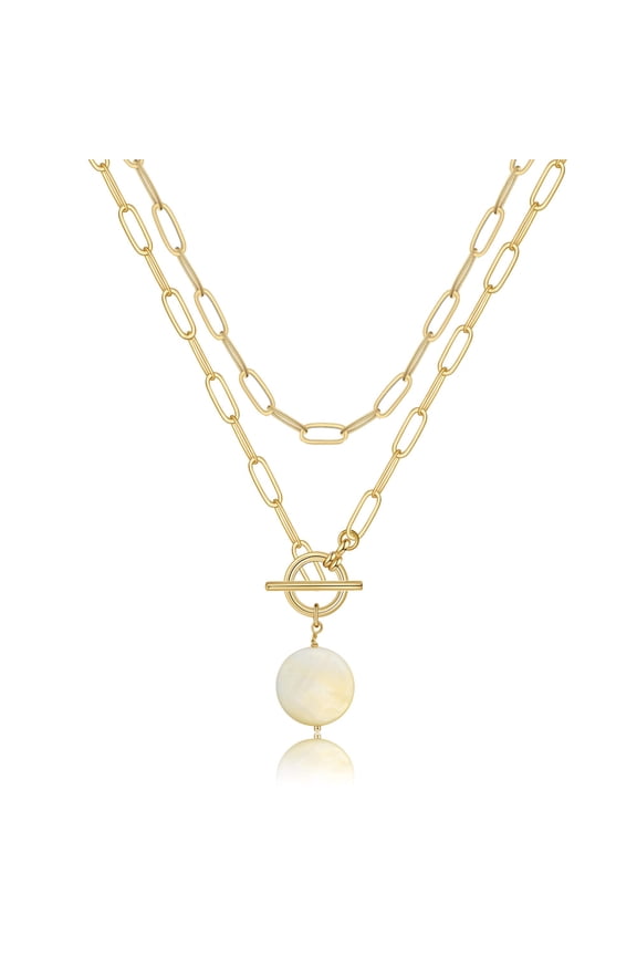 Layered Pearl Necklace for Women 14K Gold Plated Layering Pearl Ot Necklace Choker Paperclip Link Chain Medallion Layered Gold Necklaces for Women Boho Gold Jewelry