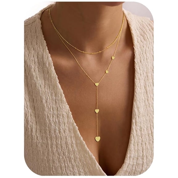 Turandoss Long Lariat Necklace for Women Layered Bead Heart Pendant 14K Gold Plated Drop Chain Choker Jewelry Teacher Appreciation Mothers Day Graduation Gifts for Her Mom Kids Teen Girls Wife Ideas