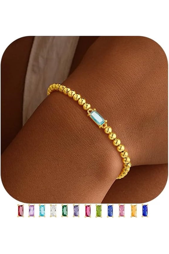 March Birthstone Bracelet for Women Dainty Light Blue 14K-Gold-Plated Birthstone Elastic Bead Bracelets Trendy Friendship Jewelry Gifts for Women Girls