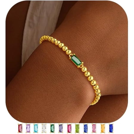 Turandoss May Birthstone Bracelet for Women Dainty Emerald Green Birthstone 14K-Gold-Plated Elastic Bead Bracelets Trendy Friendship Jewelry Gifts for Women Her
