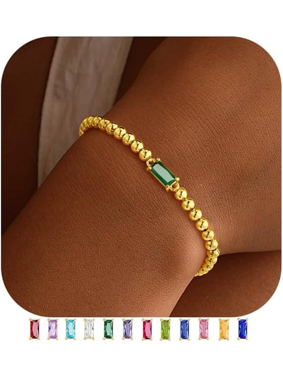 May Birthstone Bracelet for Women Dainty Emerald Green Birthstone 14K-Gold-Plated Elastic Bead Bracelets Trendy Friendship Jewelry Gifts for Women Her