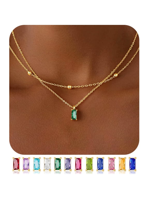 May Birthstone Necklaces for Women 14K Gold Plated Dainty Emerald Green Color Birthstone Layered Necklace Gold CZ Pendant Necklace Trendy Women's Jewelry Birthday Gifts