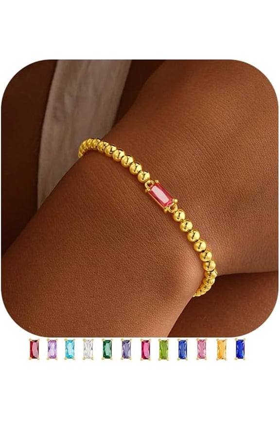 October Birthstone Bracelet for Women Dainty Tourmaline Pink Birthstone 14K-Gold-Plated Elastic Bead Bracelets Trendy Friendship Jewelry Gifts for Women Girls