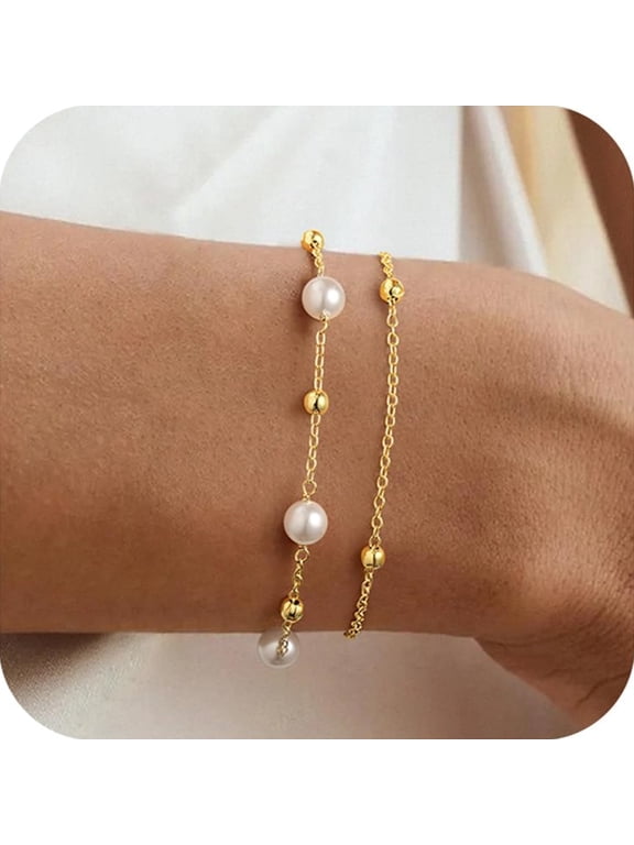 Pearl Bracelets for Women Dainty 14K Gold Plated Beaded Link Chain Simple Wedding Jewelry Birthday Teacher Appreciation Mothers Day Graduation Gifts for Her Mom Kids Teen Girls Wife Ideas