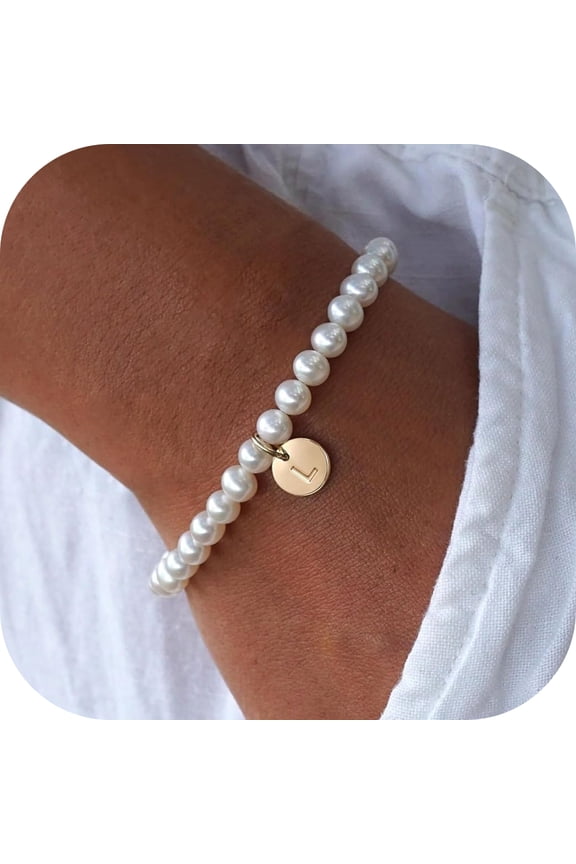 Pearl Initial Bracelet Women Dainty 14K-Gold-Plated Initial L Pearl Beaded Letter Charm Bracelet Jewelry Women Gift Idea Bridesmaid Proposal Wedding Bride Party Bridal Shower Gift