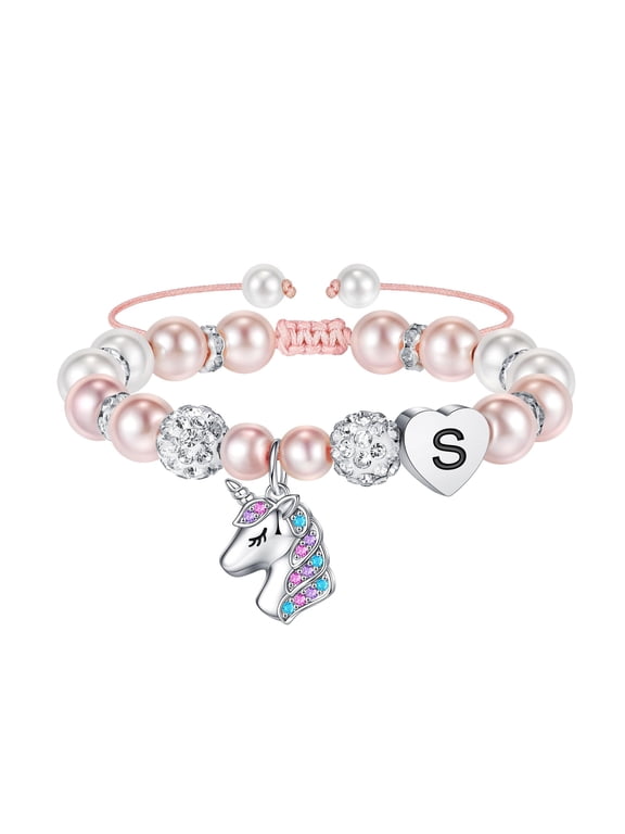 Pink Pearl Unicorn Charms Rope Bracelets for Girls Little Pony Heart Initial Letter A-Z Adjustable Jewelry Birthday Gift Gifts for Women Teen Girls Friends Ages 4-6