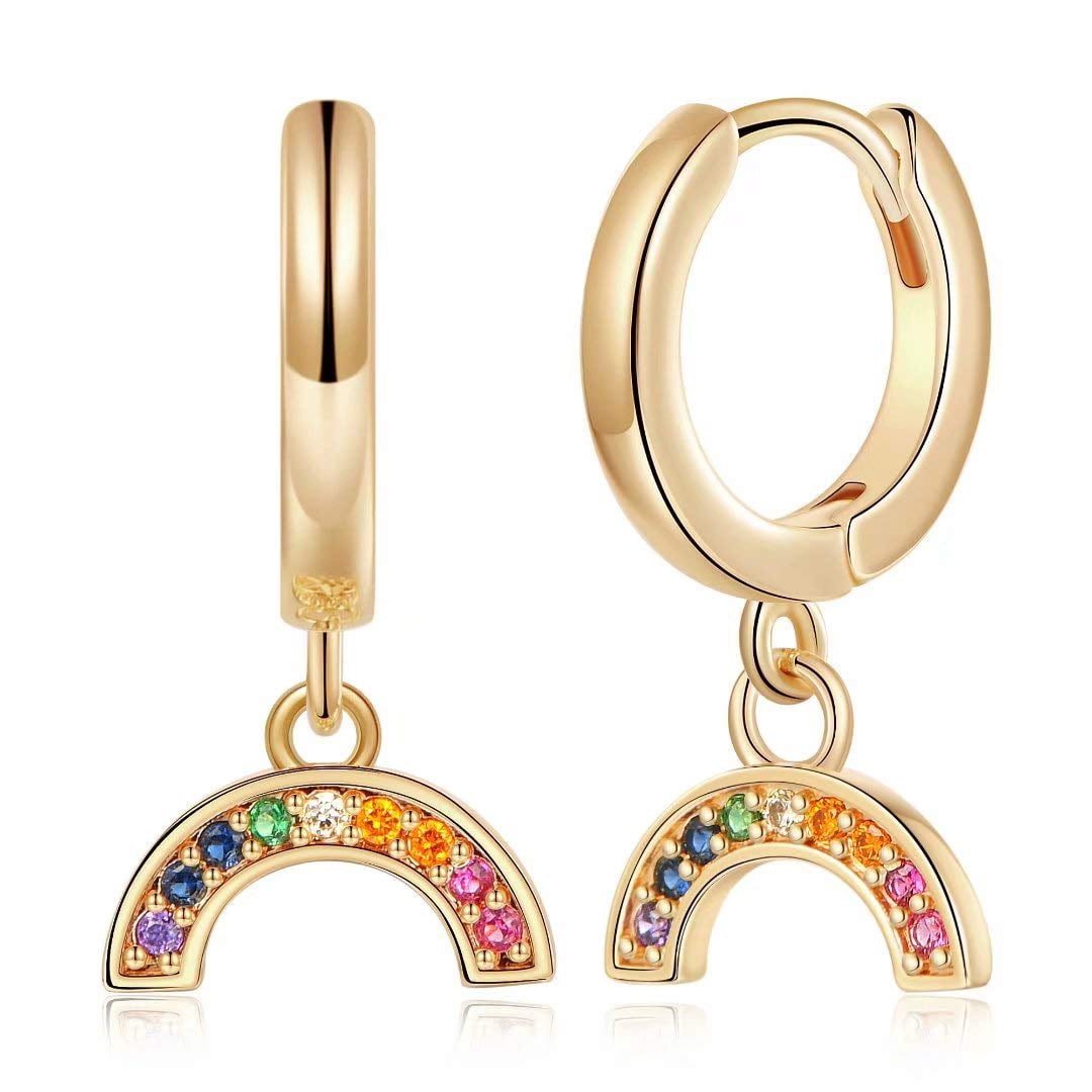 Turandoss Rainbow Huggie Hoop Earrings for Women 14K Gold Plated Dainty Colorful Cubic Zirconia Dangle Hypoallergenic Jewelry Gifts for Women Girls