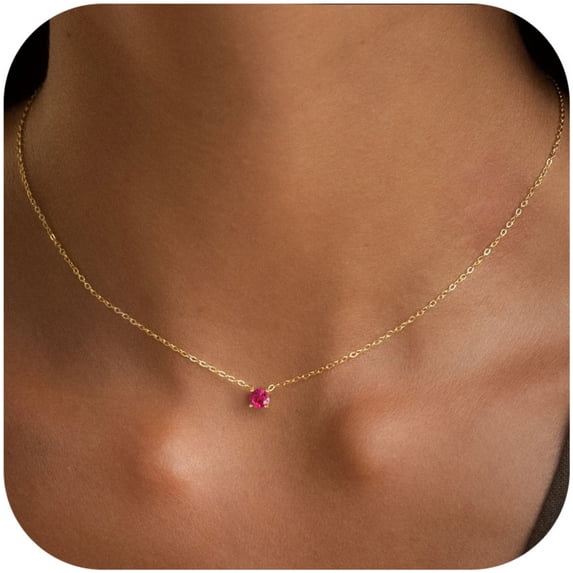 Turandoss Red Birthstone Necklaces for Women Trendy Dainty 14K Gold Plated Created Round July Ruby Birthstone Pendant Necklace Personalized Jewelry Birthday Gifts for Women Teen Girls