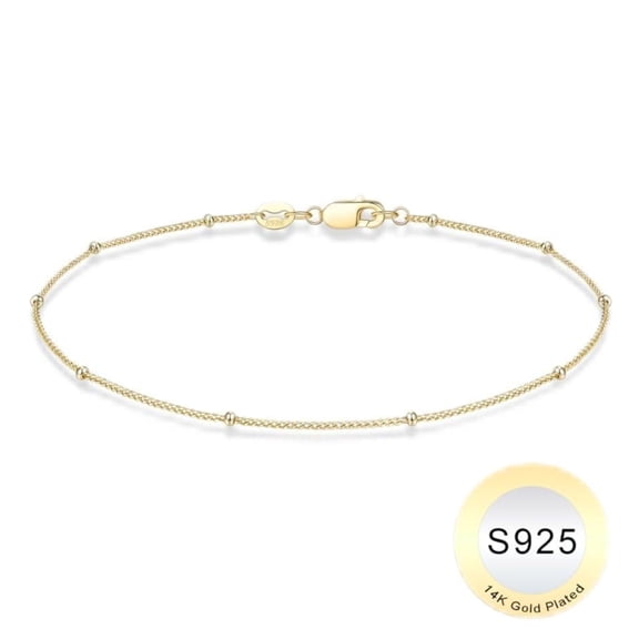 Turandoss S925 Sterling Silver Bracelet for Women Solid 14K Gold Plated Satellite Bead Chain Bracelets 6.5/7/7.5/8/8.5/9 inches Trendy Jewelry Valentine's Day Birthday Gifts for Women