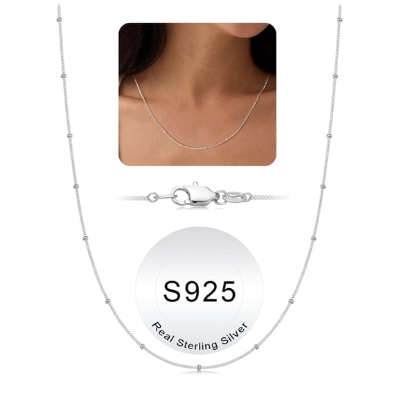 Turandoss S925 Sterling Silver Chain Necklace for Women 14K White Gold Plated Satellite Bead Chain Choker Dainty Italian Quality Sturdy Hypoallergenic Necklace 14-24 inch Jewelry Gifts for Men Women