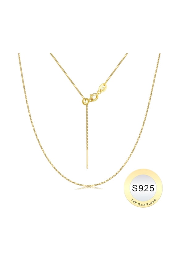 S925 Sterling Silver Chain Necklace for Women Dainty 14K Real Gold Plated 0.8mm Box Chain Choker Italian Hypoallergenic Adjustable Chain Jewelry 14-24 Inch Gifts for Women