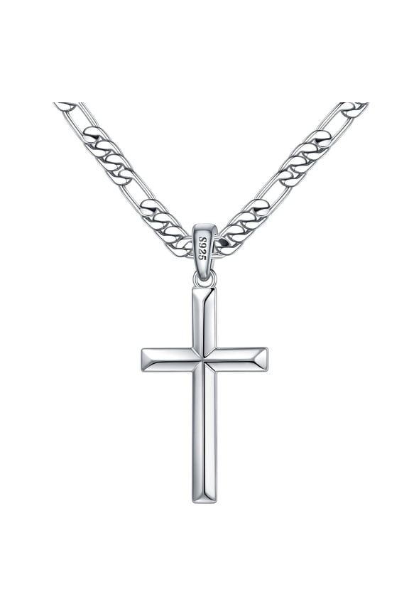 S925 Sterling Silver Cross Necklace for Men 18K Silver Plated 20 inch Diamond Cut Chain Mens Jewelry Christian Religious Valentine's Day Birthday Gifts for Men Boys Boyfriend