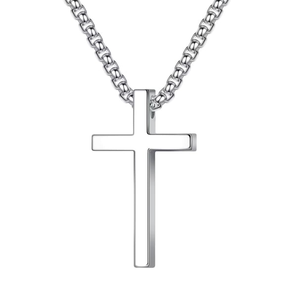 Turandoss S925 Sterling Silver Cross Necklace for Men 18K Silver Plated 22 inch Diamond Cut Chain Mens Jewelry Christian Religious Birthday Gifts for Men Tween Preteen Teen Boys
