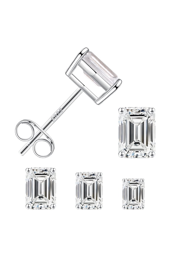 S925 Sterling Silver Stud Earrings Set for Women 3 Pairs White Gold Plated Emerald Cut Simulated Diamond Hypoallergenic Cz Jewelry Gifts for Women
