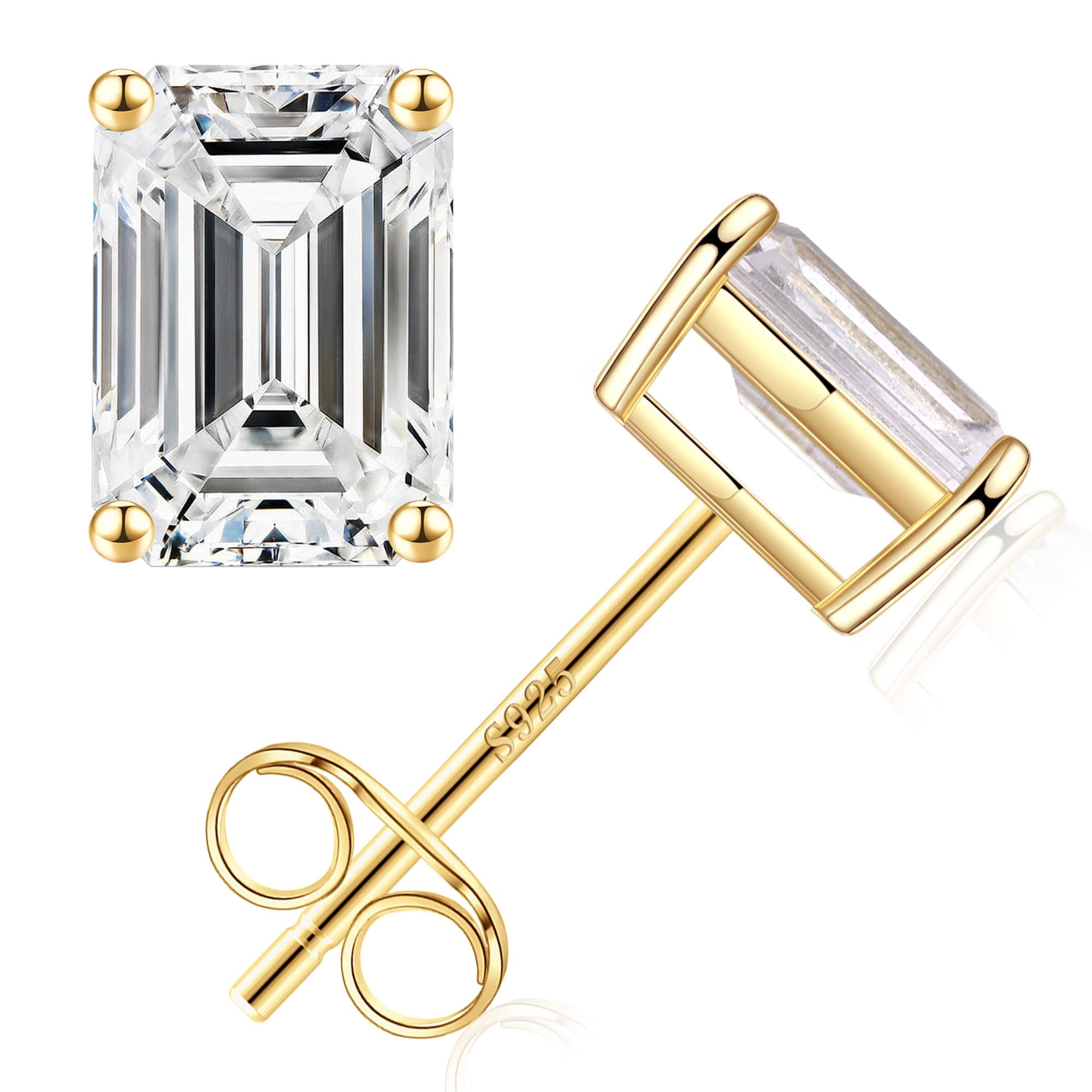 Turandoss S925 Sterling Silver Stud Earrings for Women 14K Gold Plated Emerald Cut Diamond Hypoallergenic Cz Jewelry Mothers Day Birthday Gifts for Women Her Trendy