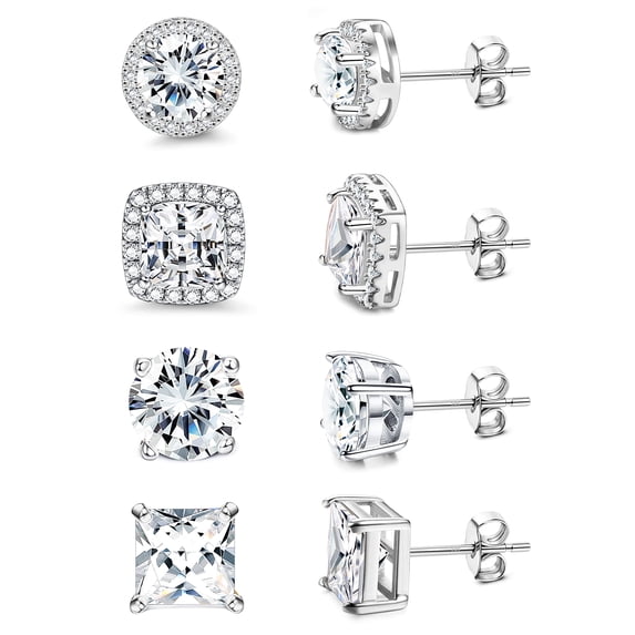 Turandoss 4 Pairs 18K White Gold Plated Halo Stud Earrings for Women Men Sensitive Ears Round CZ Hypoallergenic Non Tarnish Fashion Accessories Jewelry Birthday Gifts for Mom Her Him Teen Wife Adult