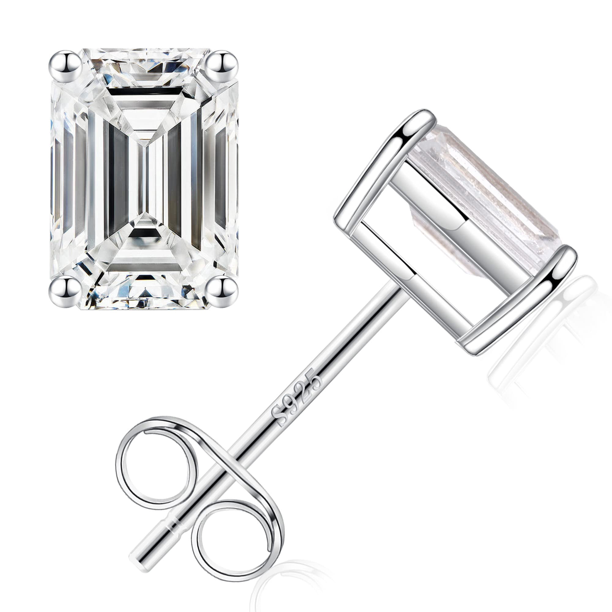 Turandoss S925 Sterling Silver Stud Earrings for Women 2 Carats Cubic Zirconia Hypoallergenic Emerald Cut Birthday Jewelry Gifts for Women Girls