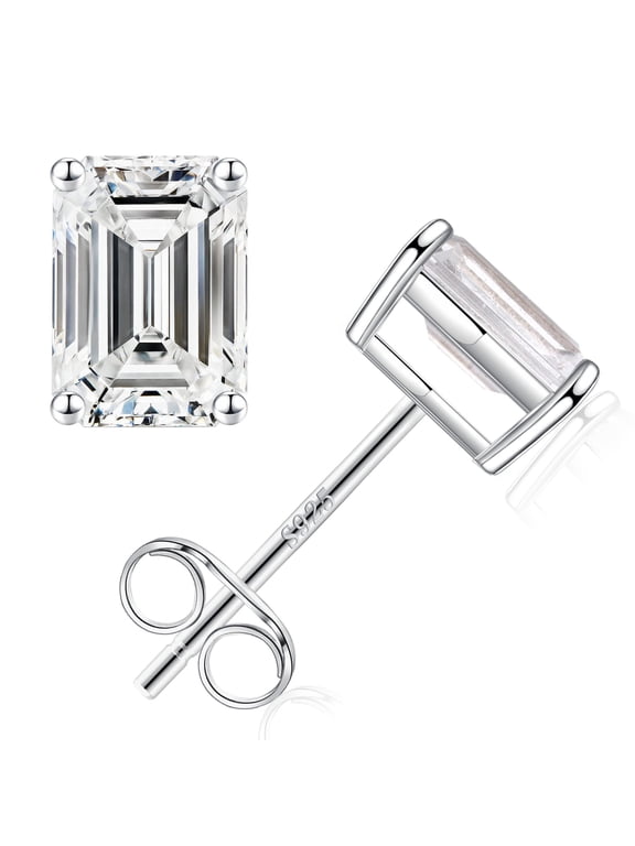 S925 Sterling Silver Stud Earrings for Women 2Ct Cubic Zirconia Emerald Cut Simulated Diamond Hypoallergenic Jewelry Gifts for Women Mom