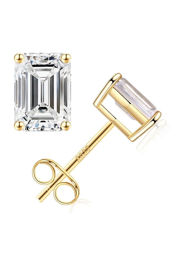 S925 Sterling Silver Stud Earrings for Women 2Ct Cubic Zirconia Emerald Cut Simulated Diamond Hypoallergenic Jewelry Gifts for Women Trendy